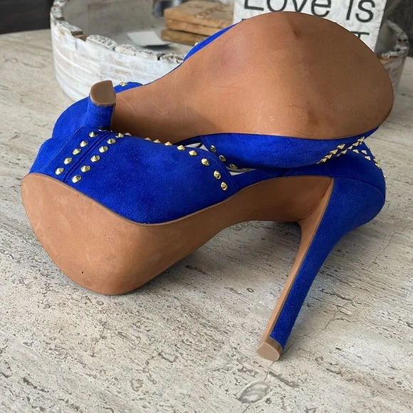STEVEN Steve Madden ASTRRO Blue Gold Studded Leather Suede Stiletto heel Sz 8.5 - Picture 9 of 17